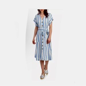 NINA LEONARD WHITE BLUE BELTED COTTON LINEN SHIRT DRESS SUMMER BEACH SIZE 2X